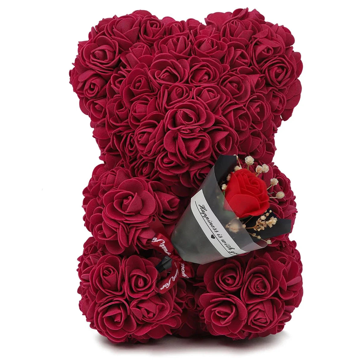 Artificial rose bear holding a bouquet