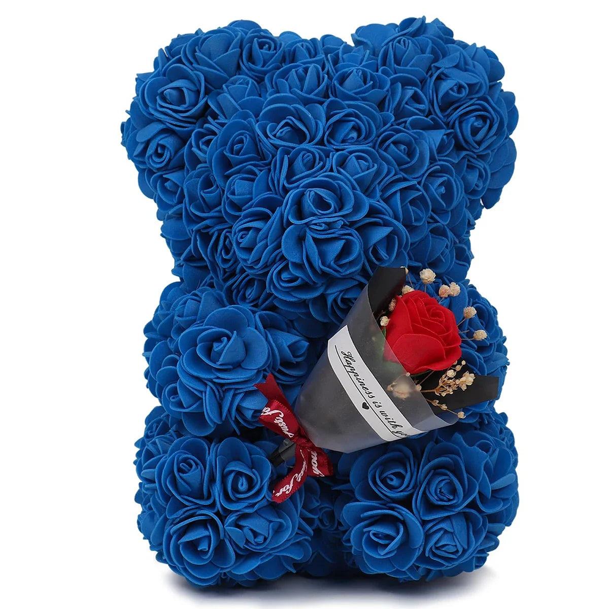 Artificial rose bear holding a bouquet