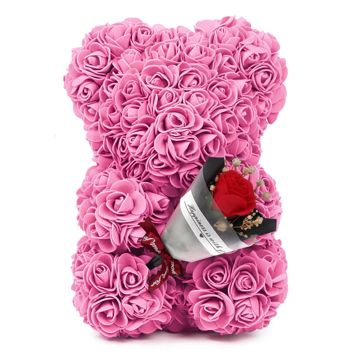 Artificial rose bear holding a bouquet